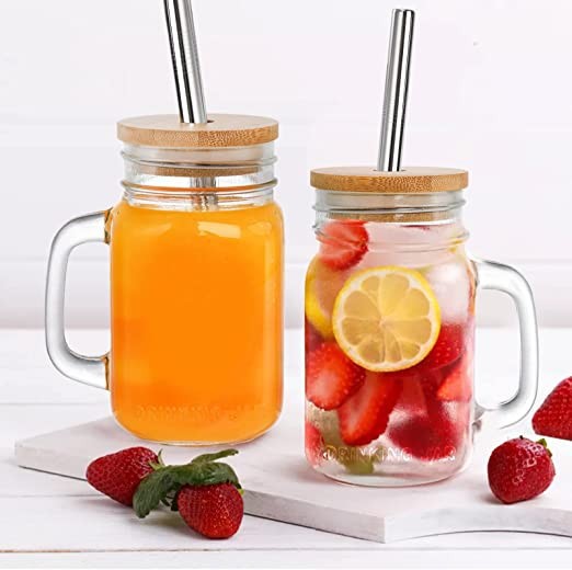 Glass Mason Jar Cups With Bamboo Lid And Straw